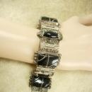 Vintage Nouveau sterling Bracelet Gorgeous metal work hinged signed black onyx Etruscan work