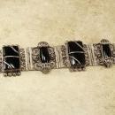 Vintage Nouveau sterling Bracelet Gorgeous metal work hinged signed black onyx Etruscan work