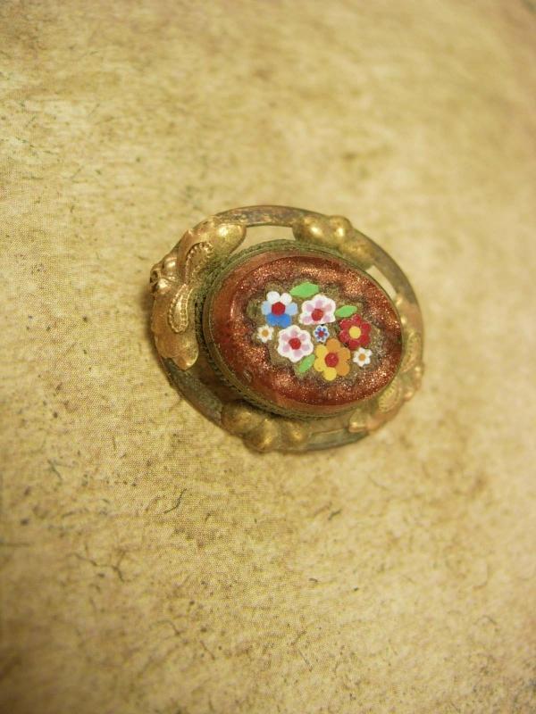 Antique Victorian Micromosaic Brooch Goldstone flowers with fancy metalwork