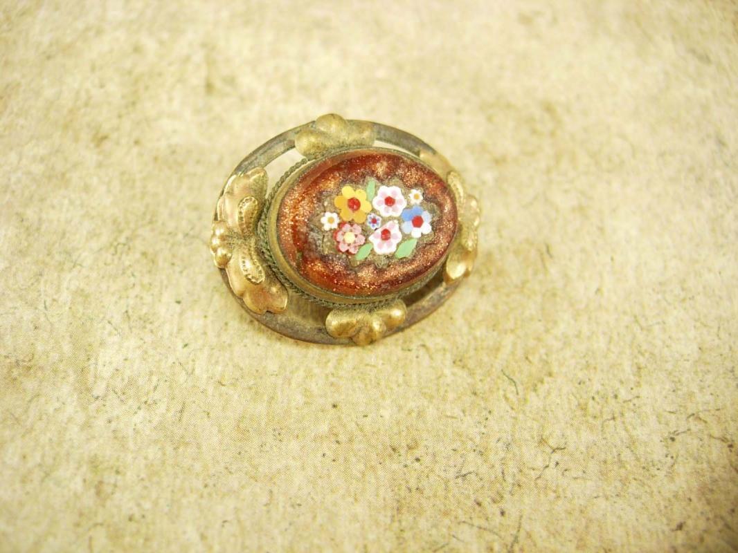 Antique Victorian Micromosaic Brooch Goldstone flowers with fancy metalwork