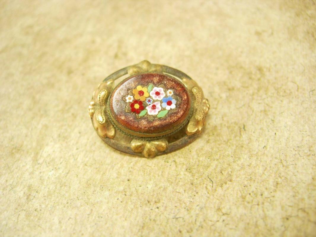 Antique Victorian Micromosaic Brooch Goldstone flowers with fancy metalwork