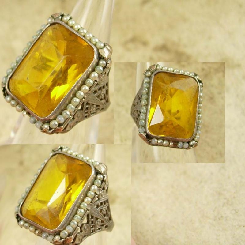 Large setting Antique Edwardian Citrine Pearl sterling ring Ornate filigree size 7