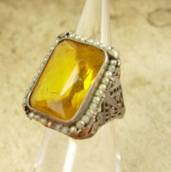 Large setting Antique Edwardian Citrine Pearl sterling ring Ornate filigree size 7