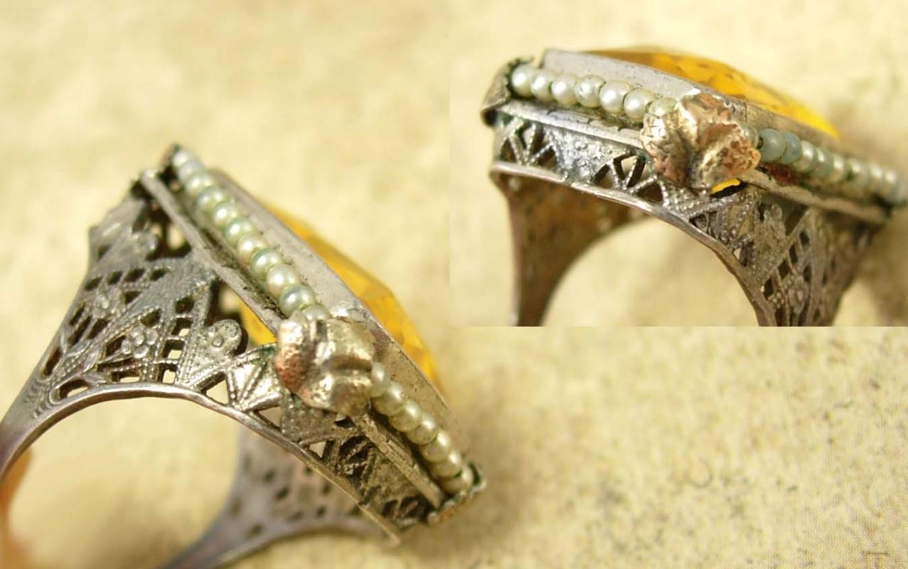 Large setting Antique Edwardian Citrine Pearl sterling ring Ornate filigree size 7