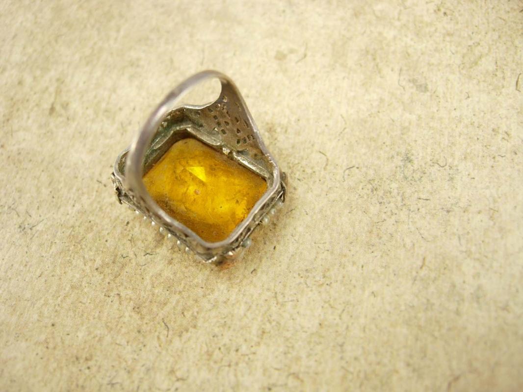 Large setting Antique Edwardian Citrine Pearl sterling ring Ornate filigree size 7