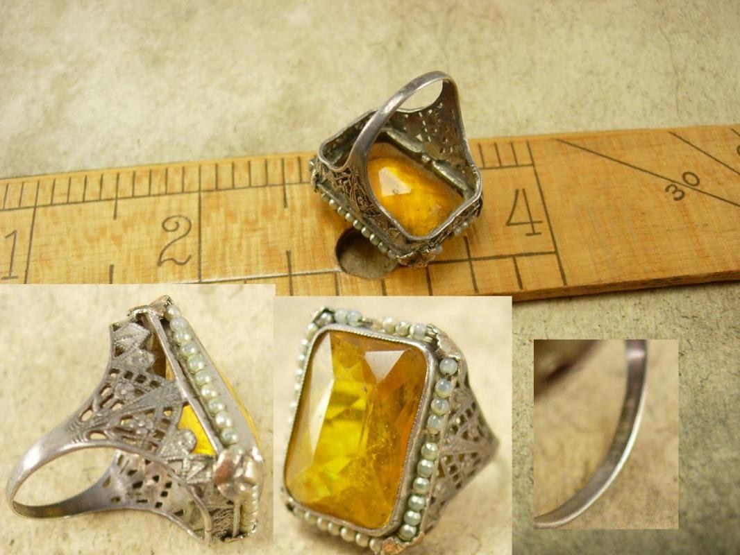 Large setting Antique Edwardian Citrine Pearl sterling ring Ornate filigree size 7
