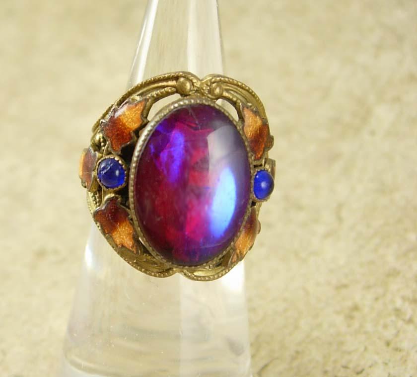 Antique Jelly Opal Chinese Enamel Ring Stunning colors Dragons breath stone