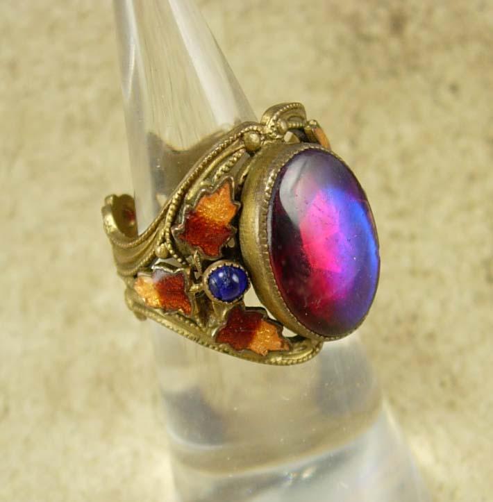 Antique Jelly Opal Chinese Enamel Ring Stunning colors Dragons breath stone