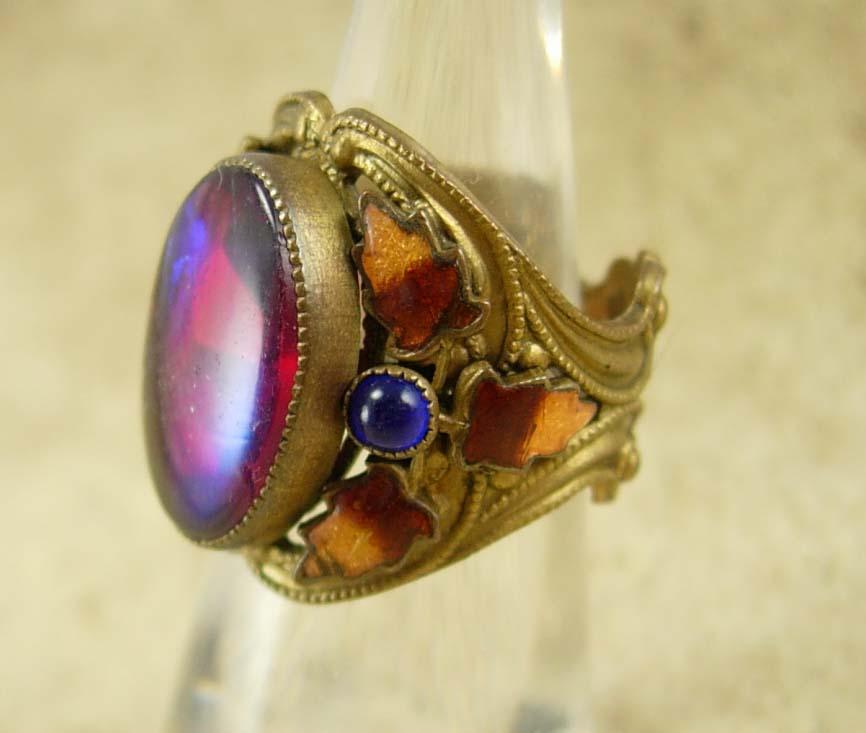 Antique Jelly Opal Chinese Enamel Ring Stunning colors Dragons breath stone