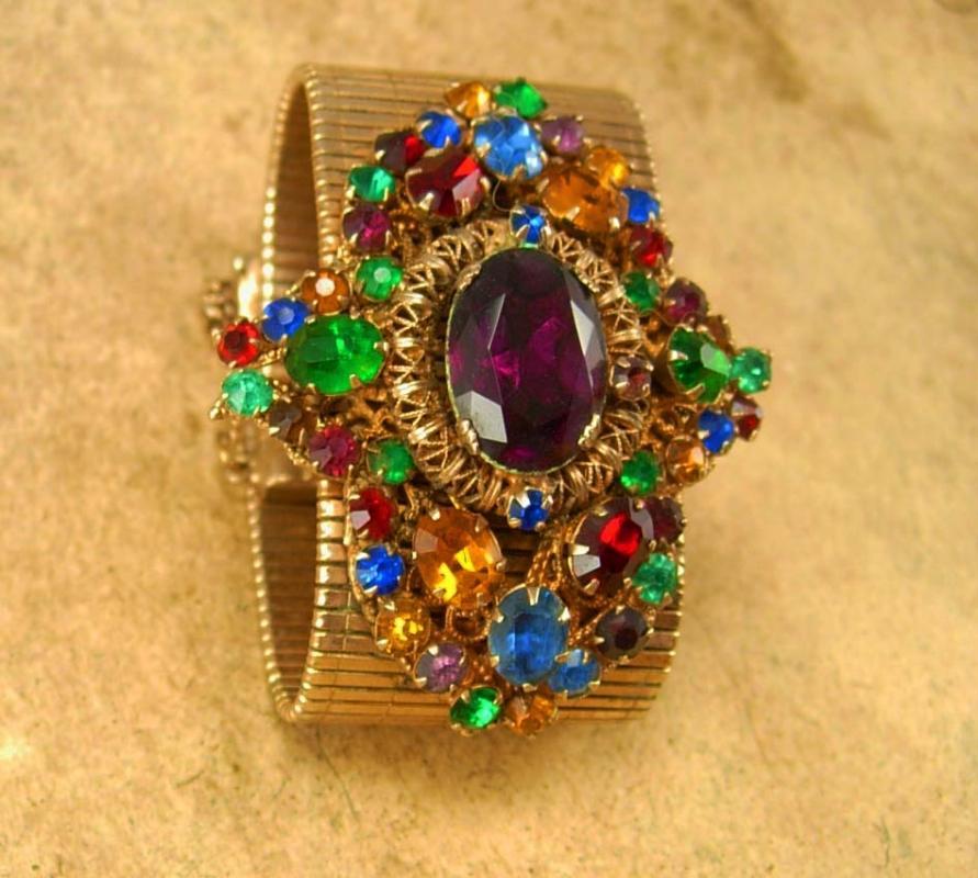 HUGE Vintage Rhinestone bracelet wide golden band and PURPLE rhinestone center