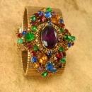 HUGE Vintage Rhinestone bracelet wide golden band and PURPLE rhinestone center