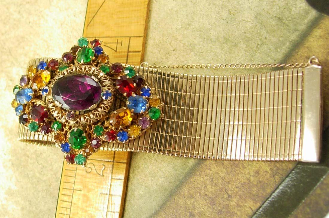 HUGE Vintage Rhinestone bracelet wide golden band and PURPLE rhinestone center