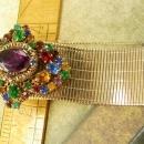HUGE Vintage Rhinestone bracelet wide golden band and PURPLE rhinestone center