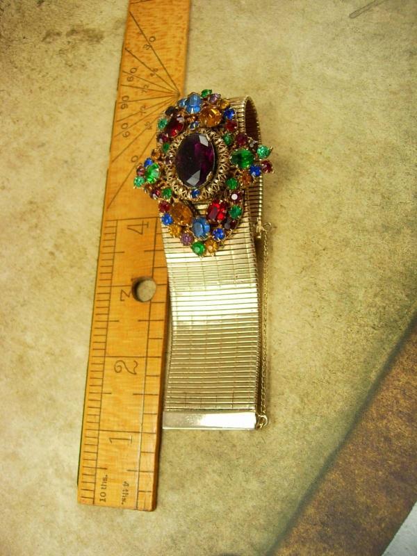 HUGE Vintage Rhinestone bracelet wide golden band and PURPLE rhinestone center
