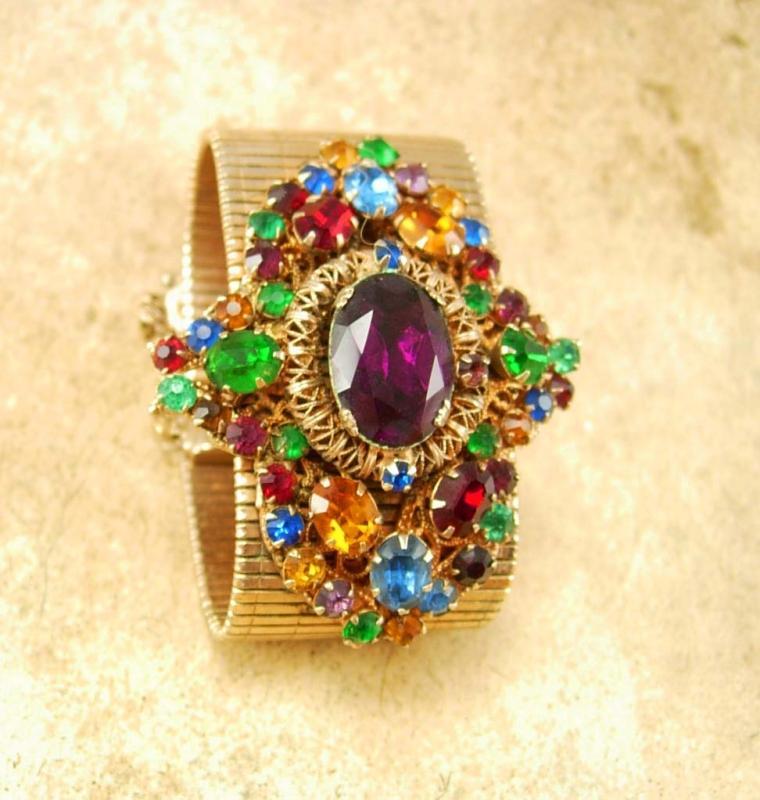 HUGE Vintage Rhinestone bracelet wide golden band and PURPLE rhinestone center
