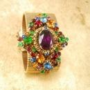 HUGE Vintage Rhinestone bracelet wide golden band and PURPLE rhinestone center