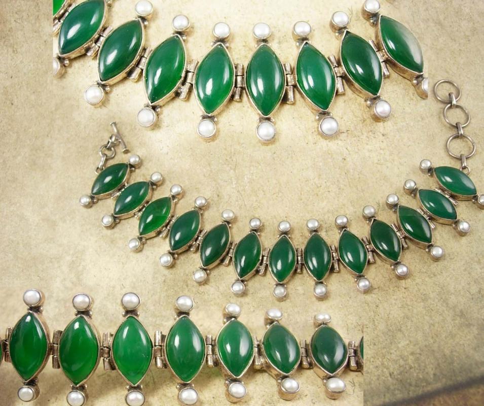 Fabulous vintage Chrysoprase Pearl sterling bracelet Edwardian design Stone of Venus
