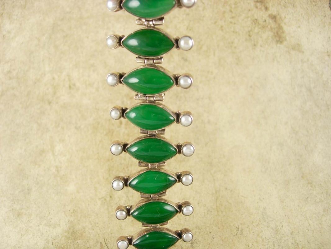 Fabulous vintage Chrysoprase Pearl sterling bracelet Edwardian design Stone of Venus