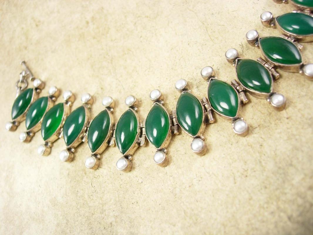 Fabulous vintage Chrysoprase Pearl sterling bracelet Edwardian design Stone of Venus