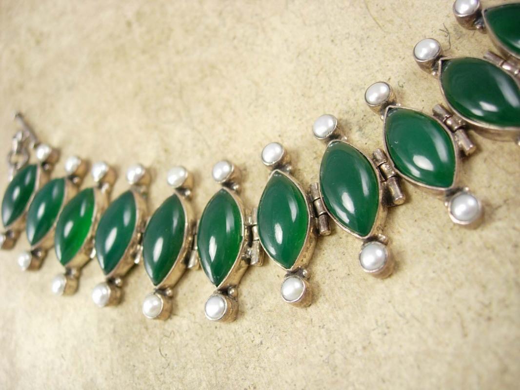 Fabulous vintage Chrysoprase Pearl sterling bracelet Edwardian design Stone of Venus