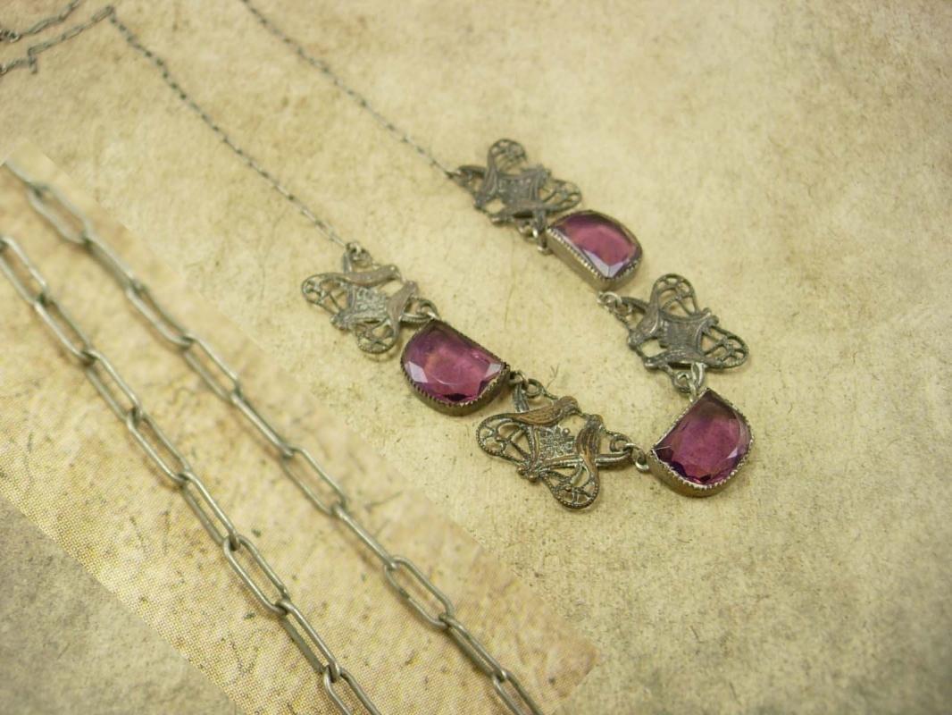 Vintage Art Deco czech PURPLE Necklace Lovebirds filigree choker