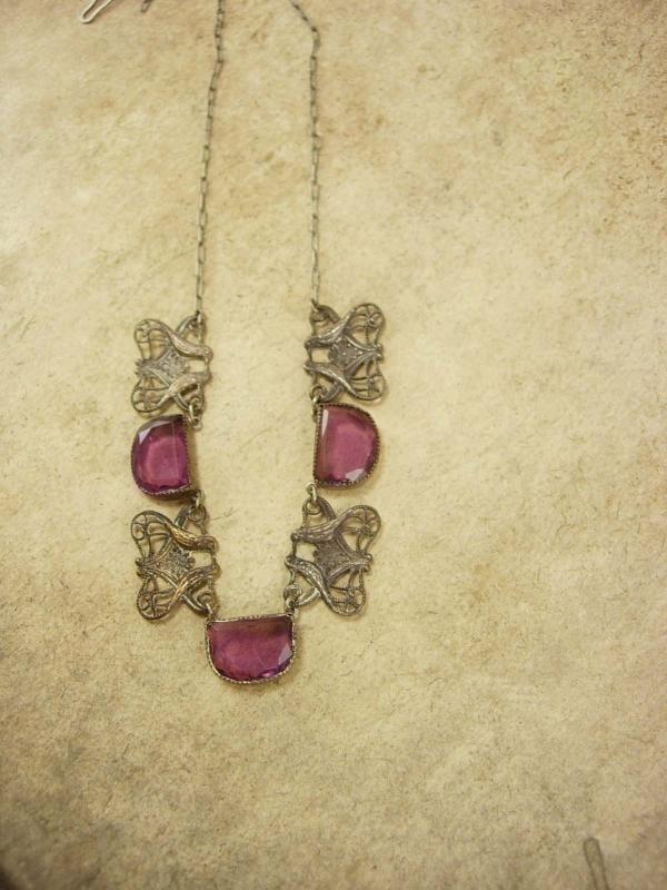 Vintage Art Deco czech PURPLE Necklace Lovebirds filigree choker