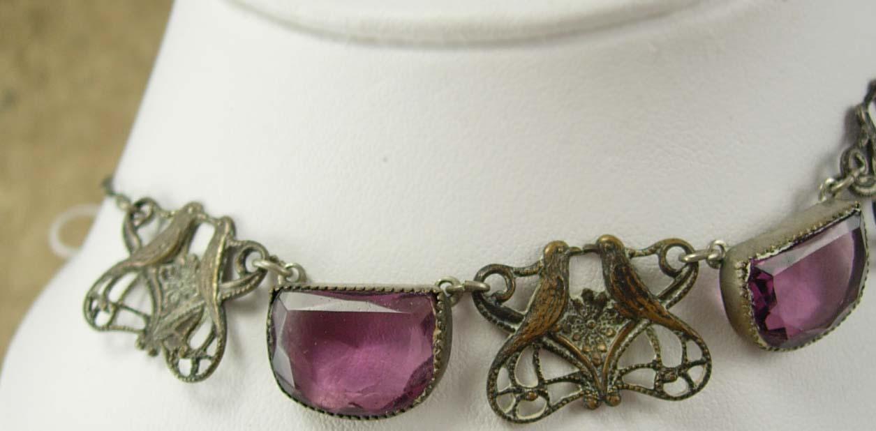 Vintage Art Deco czech PURPLE Necklace Lovebirds filigree choker
