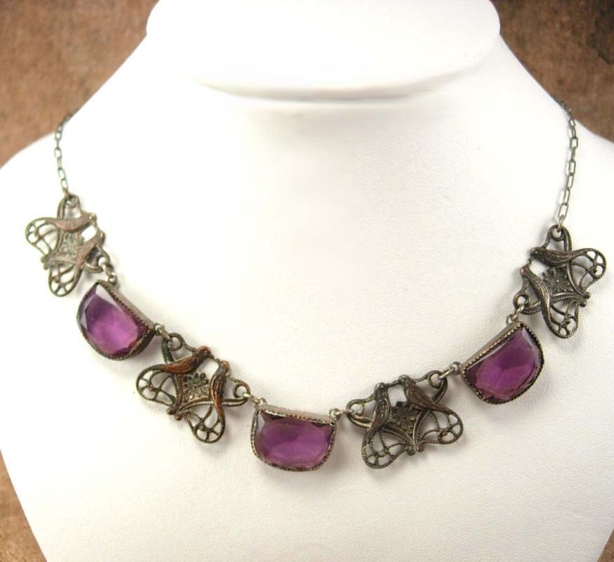 Vintage Art Deco czech PURPLE Necklace Lovebirds filigree choker