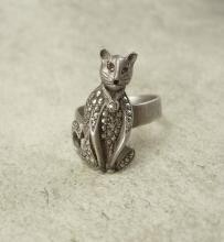 Vintage Art Deco Sterling Cat Ring Panther or Leopard marcasites and red jeweled eyes