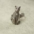 Vintage Art Deco Sterling Cat Ring Panther or Leopard marcasites and red jeweled eyes