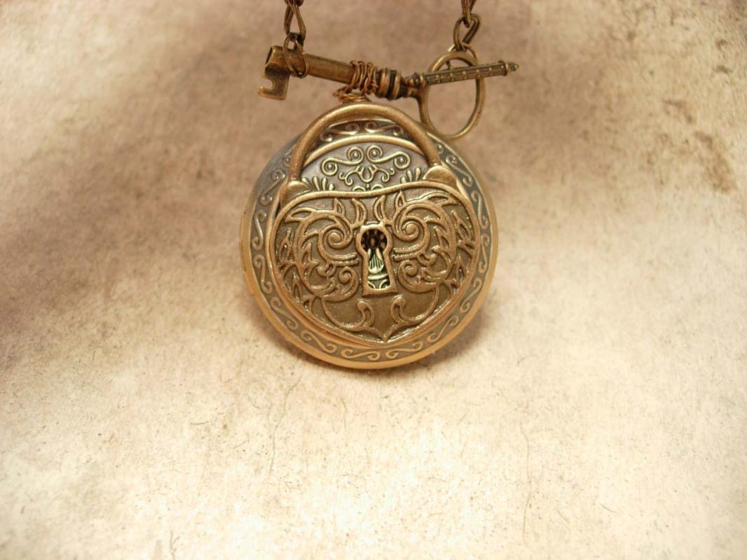 Victorian Steampunk Key and Padllock locket necklace Gothic baroque Medieval Cross inside