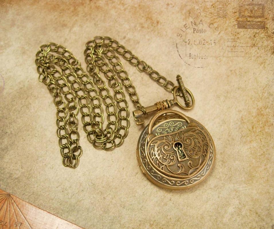 Victorian Steampunk Key and Padllock locket necklace Gothic baroque Medieval Cross inside