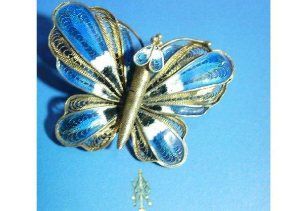 Vintage PLIQUE-A-JOUR gilt Sterling Deco Butterfly and little baby BROOCH