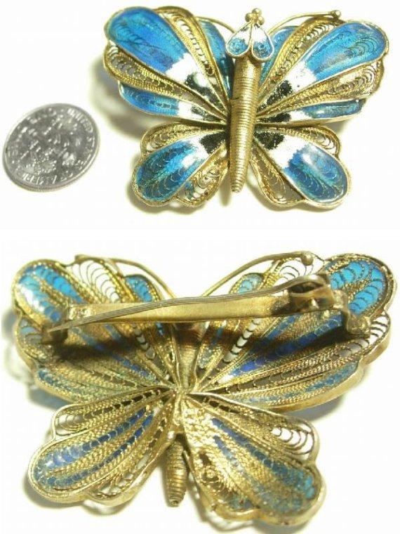 Vintage PLIQUE-A-JOUR gilt Sterling Deco Butterfly and little baby BROOCH