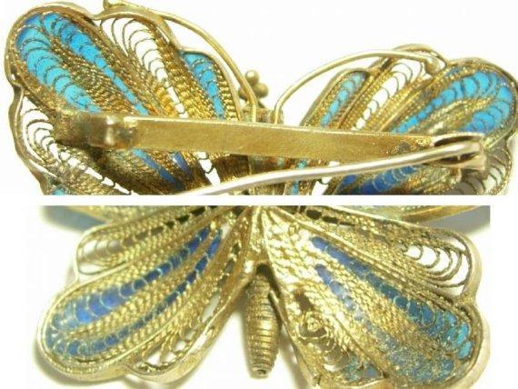 Vintage PLIQUE-A-JOUR gilt Sterling Deco Butterfly and little baby BROOCH