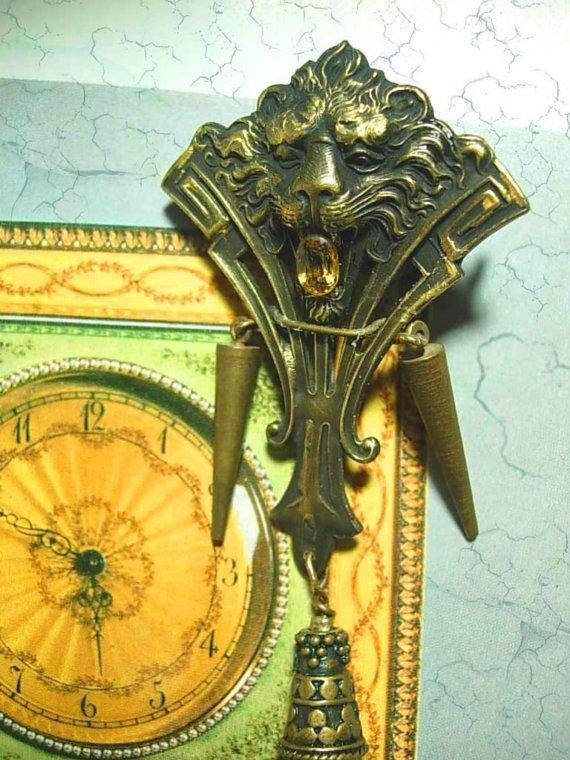 Vintage C clasp Gothic lion brooch 1\/4 ct citrine Genuine carnelain drop