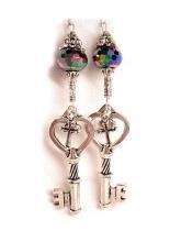 LONG STerling GOTHIC Skeleton and Cross KEY Charm drop earrings STUNNING GLASS stones