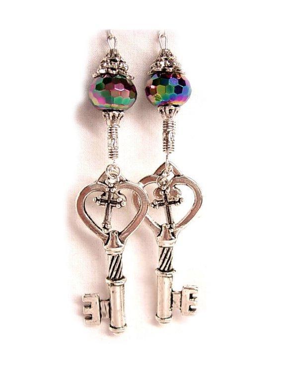 LONG STerling GOTHIC Skeleton and Cross KEY Charm drop earrings STUNNING GLASS stones