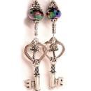 LONG STerling GOTHIC Skeleton and Cross KEY Charm drop earrings STUNNING GLASS stones