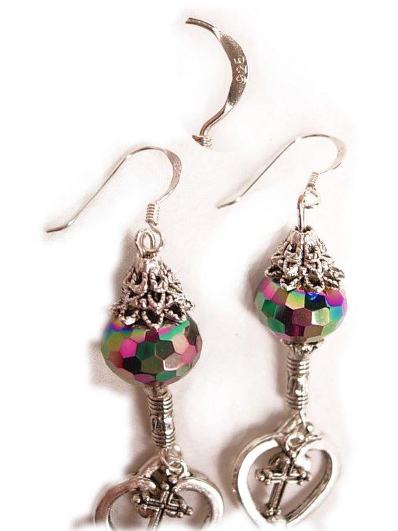 LONG STerling GOTHIC Skeleton and Cross KEY Charm drop earrings STUNNING GLASS stones