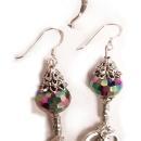 LONG STerling GOTHIC Skeleton and Cross KEY Charm drop earrings STUNNING GLASS stones