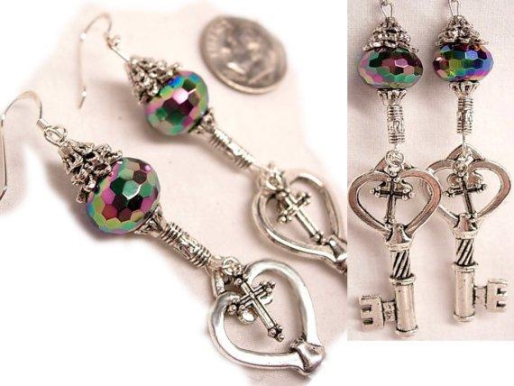 LONG STerling GOTHIC Skeleton and Cross KEY Charm drop earrings STUNNING GLASS stones