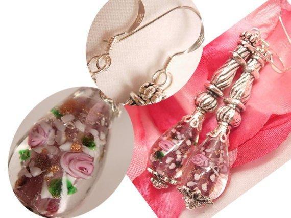 Sterling blown glass paperweight PInk Roses long drop earrings