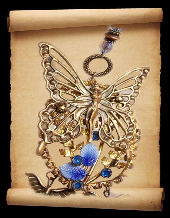 Exotic Garden deco Nymph glass necklace with dragonfly charms fairy butterfly with rhinestones