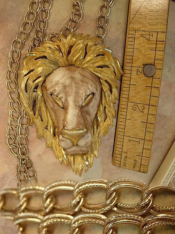 HUGE fierce Lion necklace Razza Unsigned Gold eyes long fancy chain