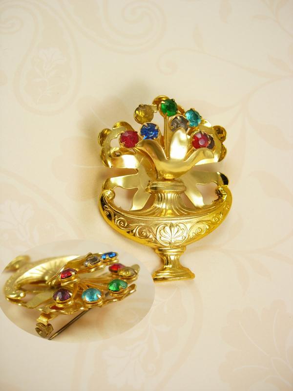 Vintage Victorian Urn rhinestone brooch exotic Arabian 2 handled vase