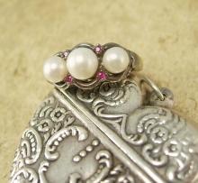 Genuine Pearl & Ruby sterling ring Edwardian style setting Size 8 1/2
