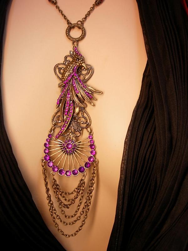 Dramatic PURPLE rhinestone Peacock chandelier necklace LONG swags