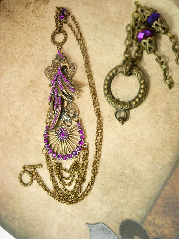 Dramatic PURPLE rhinestone Peacock chandelier necklace LONG swags