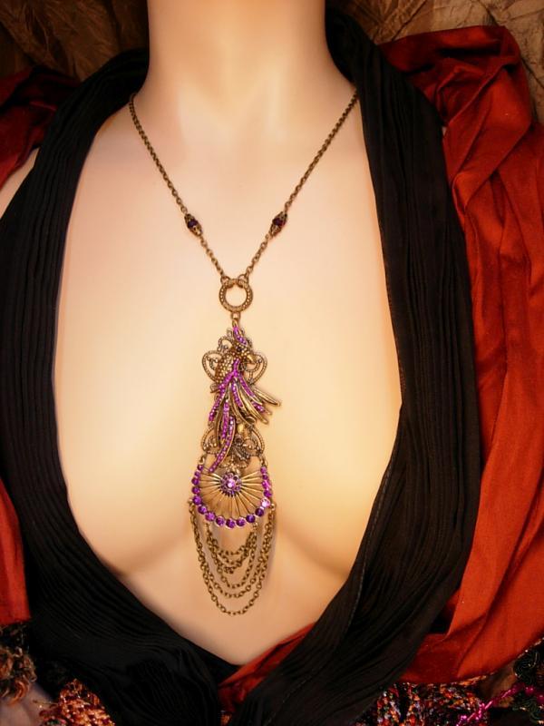 Dramatic PURPLE rhinestone Peacock chandelier necklace LONG swags